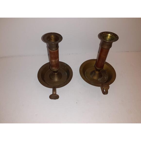 Pair of Vintage Brass and Wood Chambersticks Candle holders 4.5 " tall - Picture 5 of 8